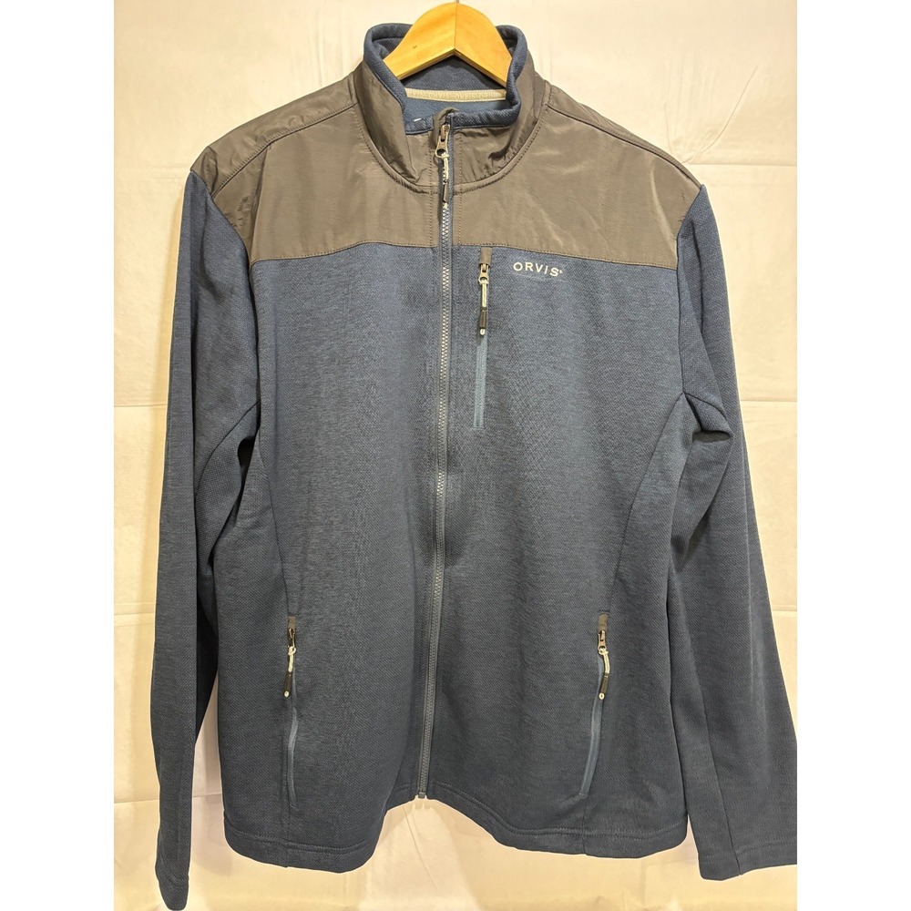 Orvis Mens Full Zip Fleece Jacket Blue Brown Long Sleeve Pockets Outerwear L